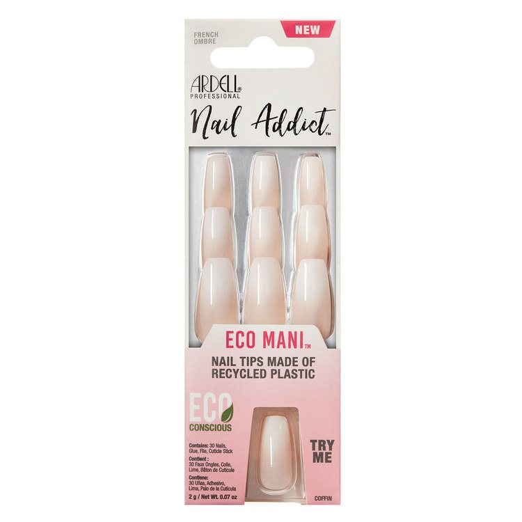 Ardell Nail Addict Eco Mani Press-on Nails French Ombre, duurzame coffin-vormige nepnagels