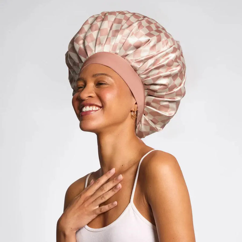 Kitsch Adjustable Oversized Satin Bonnet Terracotta Checker