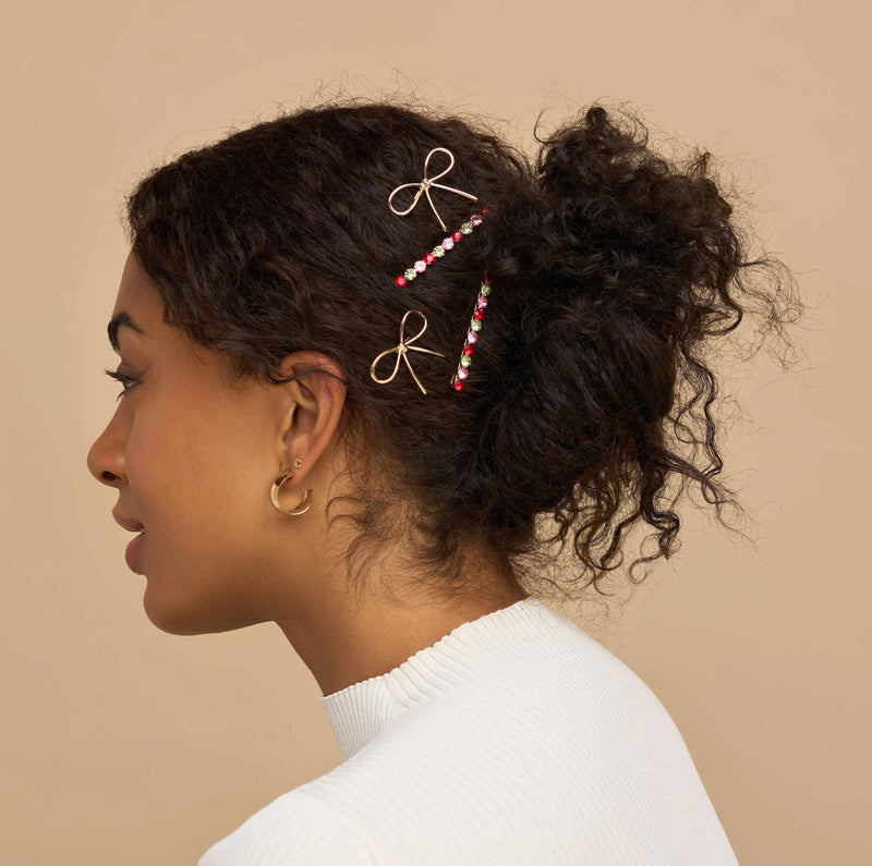 Kitsch Holiday Metal Gemstone & Bow Bobby Pins