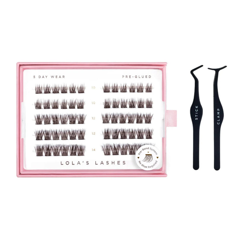 Lola's Lashes Soft Wisp Brown Pre Glued Lashes Set, zelfklevende wimperclusters in bruin