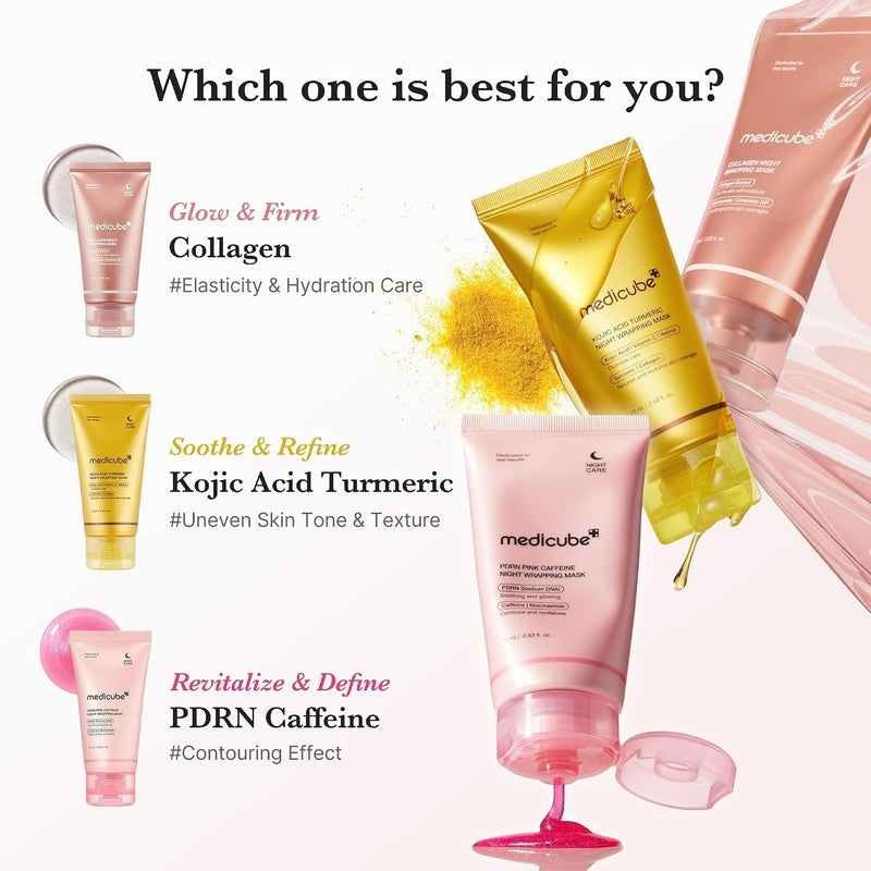 Medicube PDRN PINK Caffeine Night Wrapping Mask, een hydraterend peel-off masker voor de nacht.
