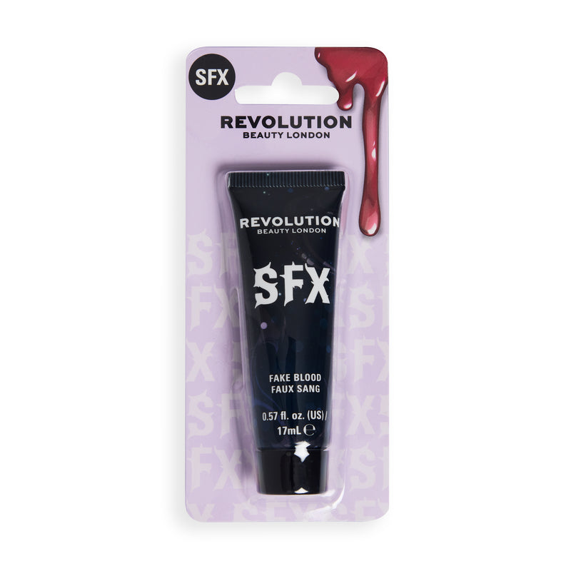 Revolution SFX Fake Blood sous blister, tube noir sur carte lilas avec une goutte de sang