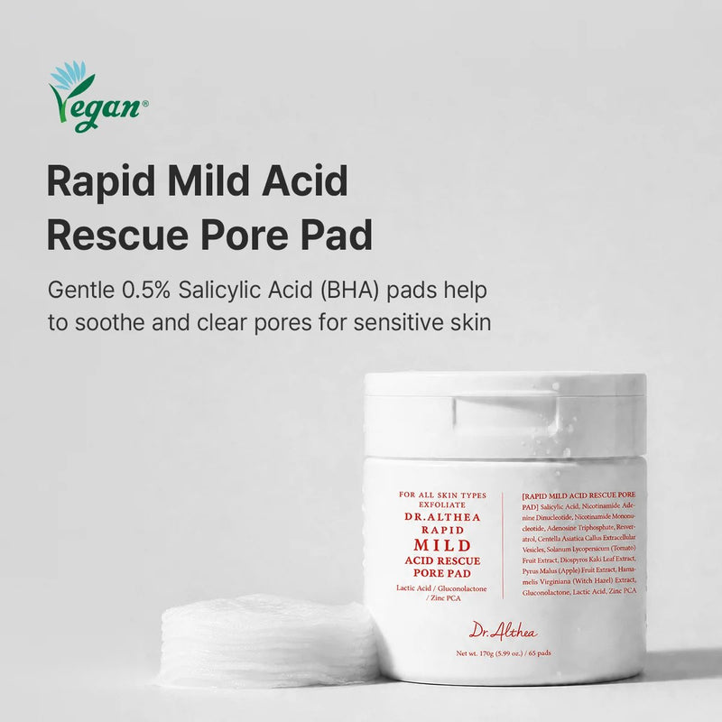 Dr. Althea Rapid Mild Acid Rescue Pore Pad, milde exfoliërende pads met AHA, BHA en PHA