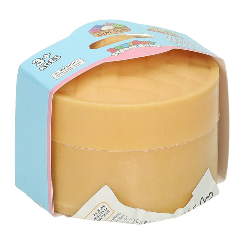 Flour Dumplings Squishy in de verpakking, bamboe stoommandje met lichtblauwe wikkel