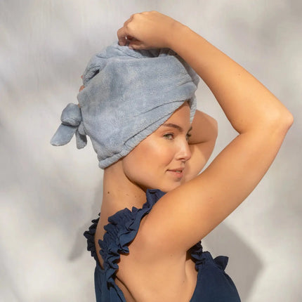 Kitsch Plush Microfiber Hair Towel Turban with Bow Coastal Blue