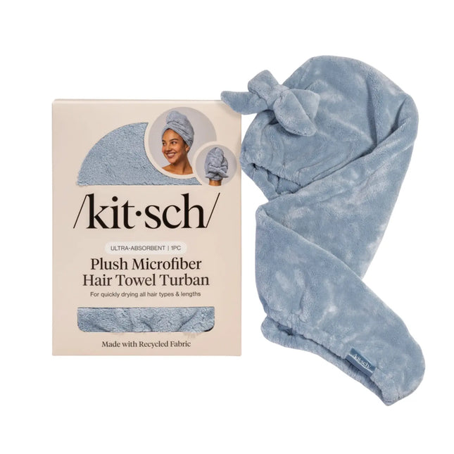 Kitsch Plush Microfiber Hair Towel Turban with Bow Coastal Blue