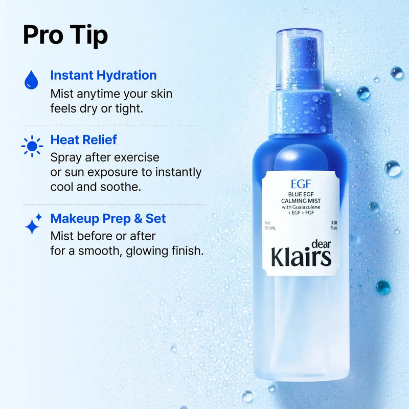 Klairs Blue EGF Calming Mist, bi-phase face mist voor hydratatie en verkoeling