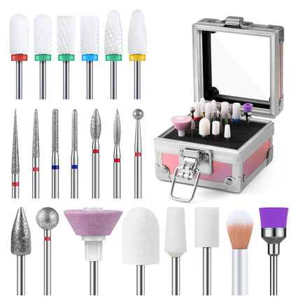 MelodySusie Ceramic Diamond Carbide Nail Drill Bits with Portable Holder Case 21Pcs
