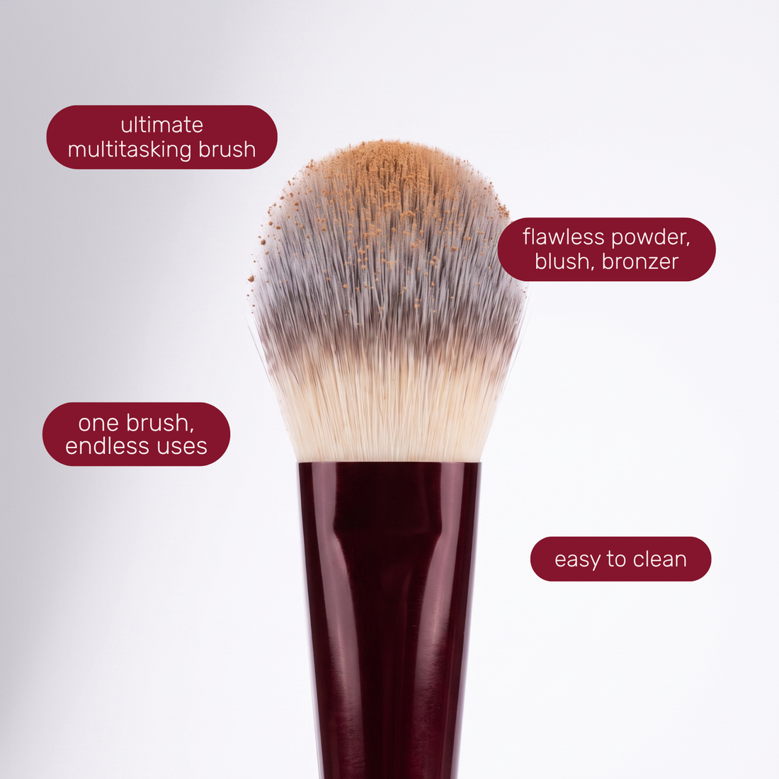 Tête du Boozyshop Flawless Multi Face Brush avec des étiquettes de texte sur son utilisation