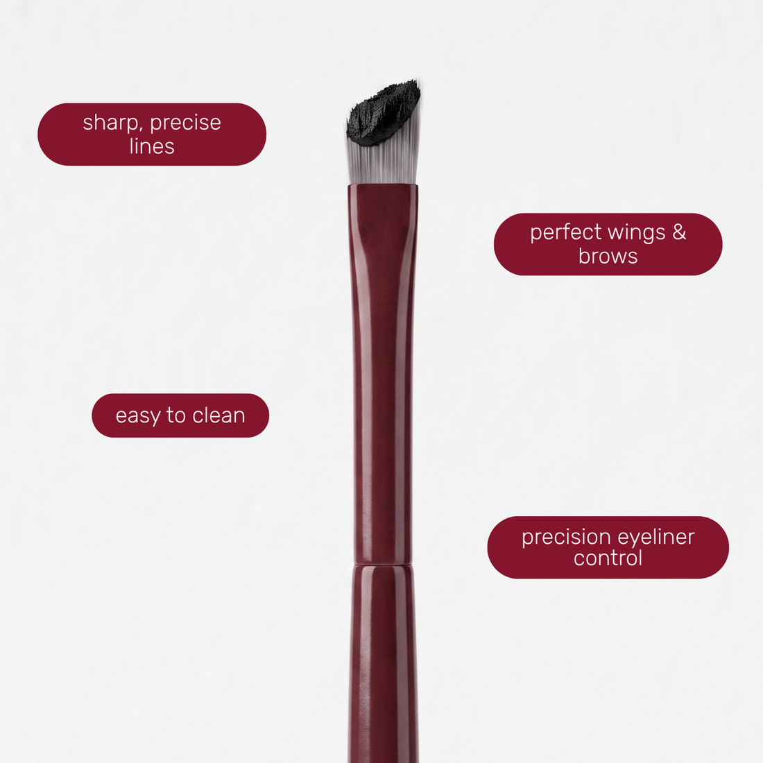 Tête du Boozyshop Flawless Precision Angle Eye Brush avec des étiquettes de texte sur son utilisation