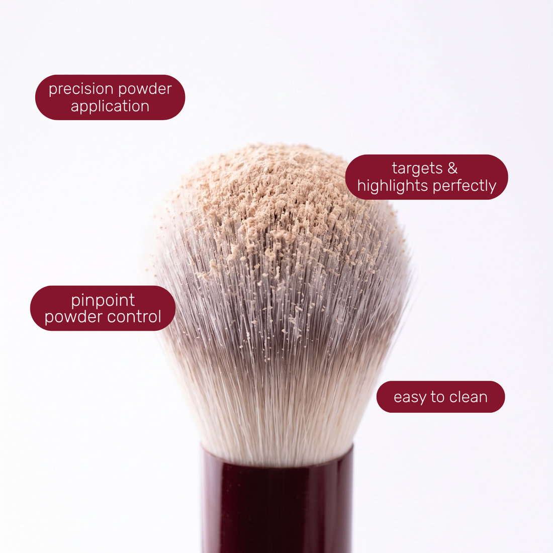 Tête du Boozyshop Flawless Precision Powder Brush avec des étiquettes de texte sur son utilisation