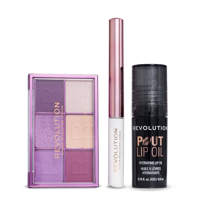 Contenu du After Dark Giftset : palette violette, eyeliner blanc et Pout Lip Oil