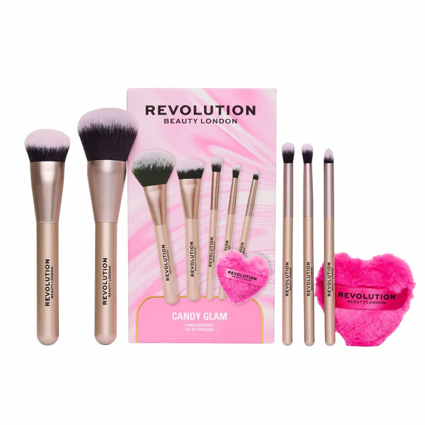 Revolution Candy Glam Brush Set, make-up kwastenset met 5 roze kwasten en poederdons