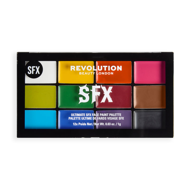 Revolution SFX Face Paint Palette fermée, palette noire avec 12 blocs de couleur sur le couvercle