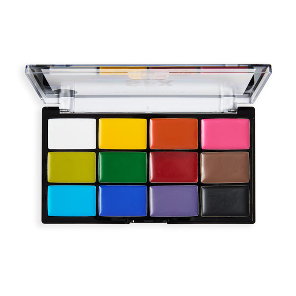 SFX Face Paint Palette ouverte avec 12 couleurs crème, du blanc et jaune au bleu, violet et noir
