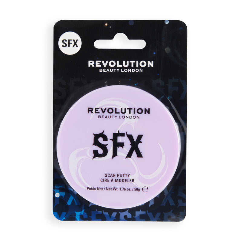 Revolution SFX Scar Putty sous blister, pot lilas sur carte noire