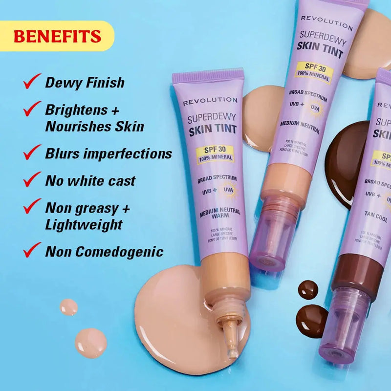 Revolution Superdewy SPF30 Skin Tint Dark Neutral Warm, lichte foundation met zonbescherming, foto 4 van 5