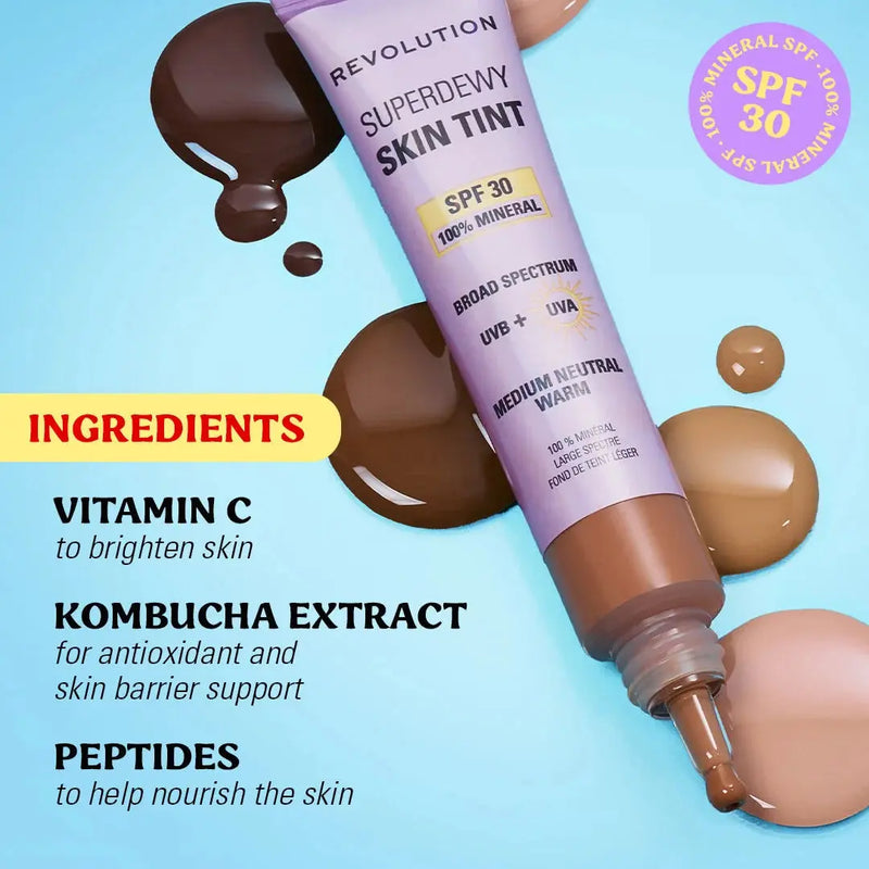 Revolution Superdewy SPF30 Skin Tint Medium Tan Neutral, minerale foundation met SPF30, foto 3 van 5